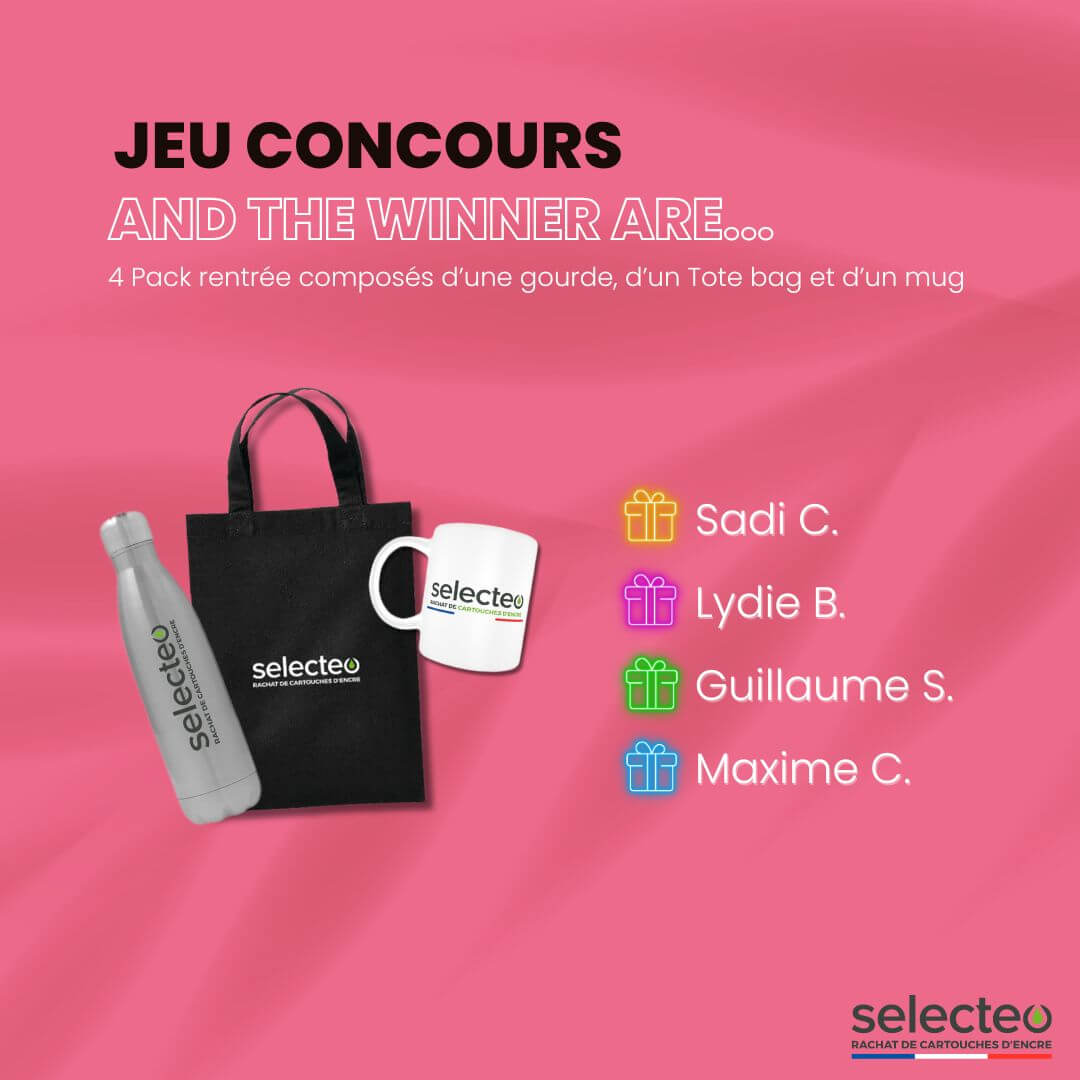 Saidi, Lydie, Guillaume et Maxime remportent un mug, une gourde et un tote bag Selecteo